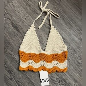 Zara Cream and Orange Knit Crop Top